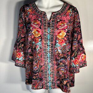 Andree by Unit SZ L Black Print Heavy Embroidered Top Romantic Boho Cottage Comf
